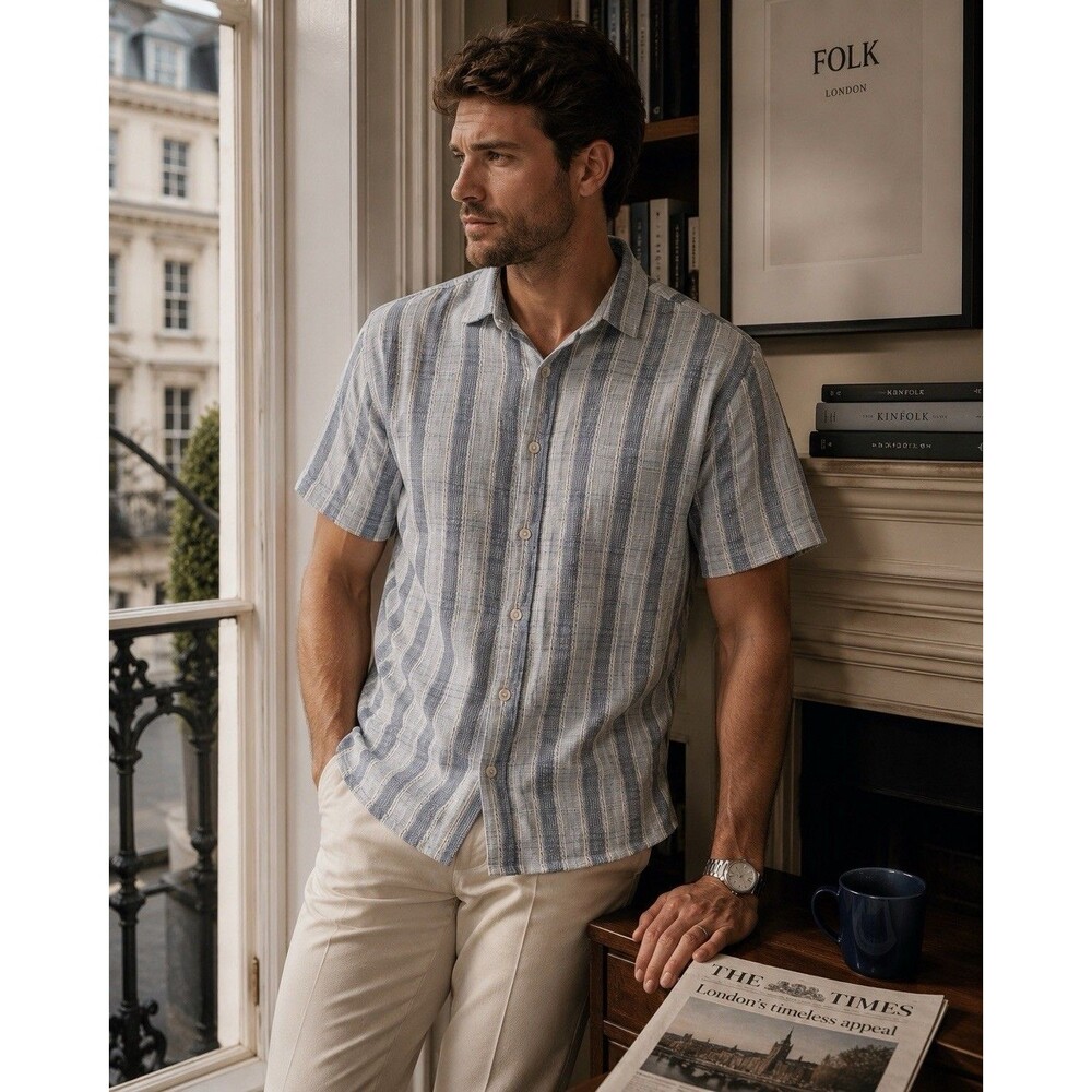 Folk New Ottis SS Men’s Shirt XL Blue Textured Stripe 100% Cotton LONDON BRITISH
